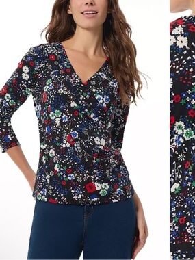 Jones New York Floral Print Faux Wrap Shirt Size Size Large New